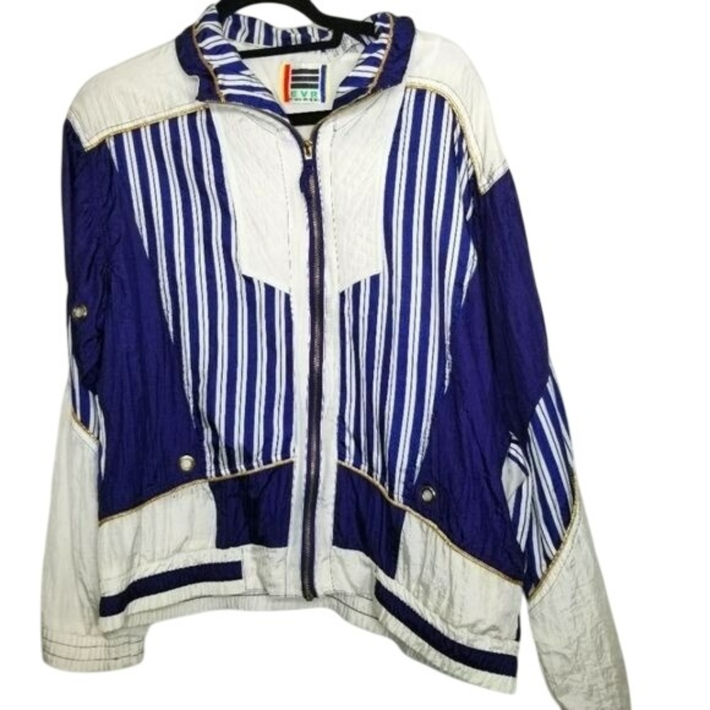 Vintage‎ EVR Div Rosso Windbreaker Jacket Blue White Striped Gold Trim 90 Petite